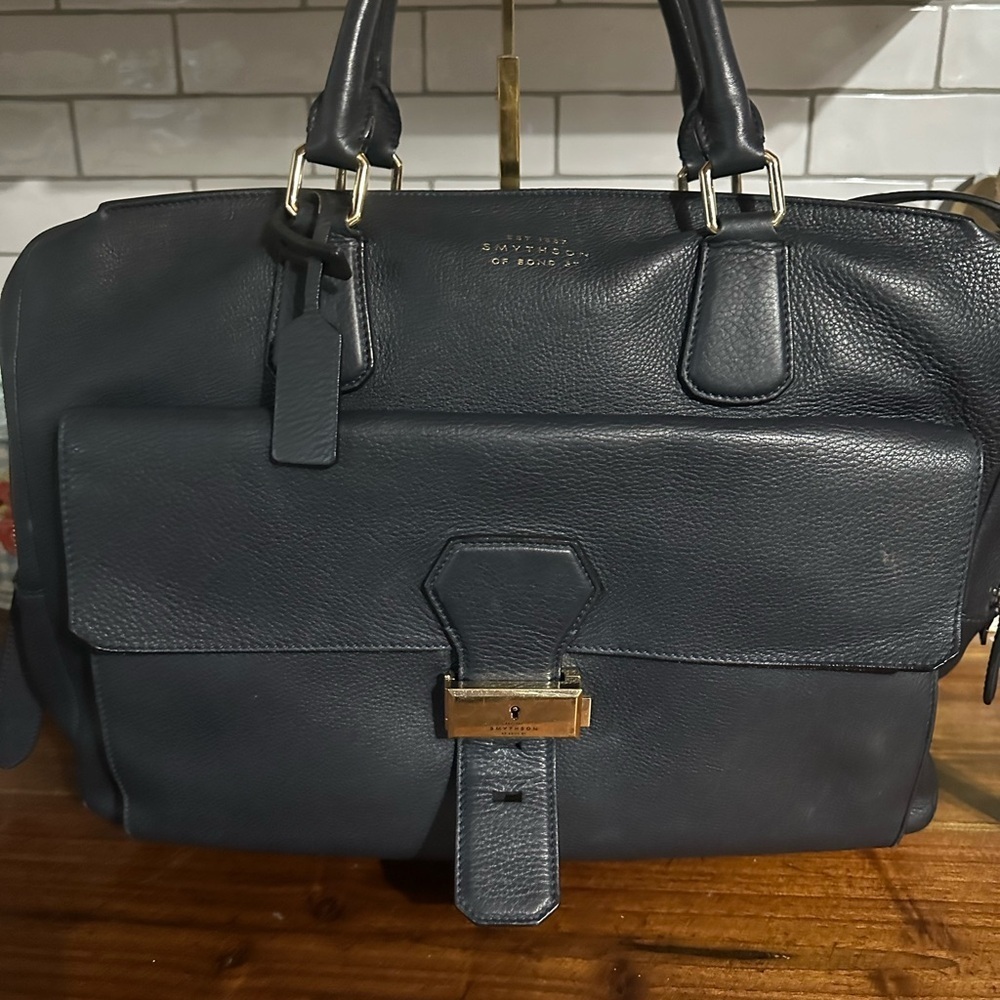 Smythson Orange and Blue Briefcase with Textured Leather